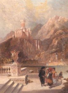 Figures On A Terrace Overlooking An Italian Lake by Alfred Pollentine