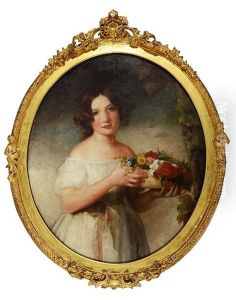 Portrait Of A Young Girl Wearing A White Frock And Proferring A Basket Of Mixed Flowers