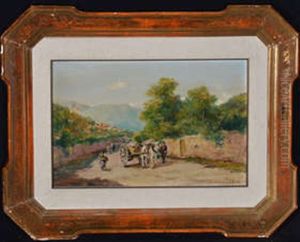 A Horse Cart Passing A Walled Garden