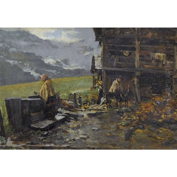 Alplandschaft Mit Bauern Und Ziegen Vor Ihrer Hutte - view 1