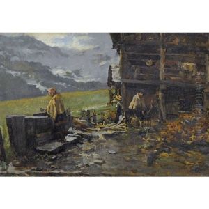Alplandschaft Mit Bauern Und Ziegen Vor Ihrer Hutte