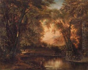 Landscape With Man Fishing by Leon D. Pomarede