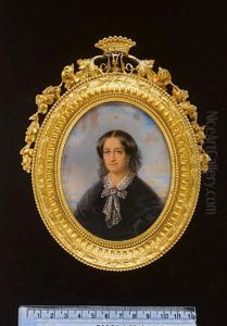 Dona Maria Manuela Kirkpatrick, Countess Of Montijo, Wearing Black Dress With White Lace Collar Matching Bow Held With Ruby Brooch