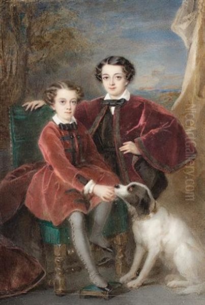 Two Boys Of The Hennessy Family, The Younger Seated On A Green Upholstered Chair, Wearing Rust-coloured Petersham Coat, The Elder, Standing, Wearing Trimmed Burgundy Cape Over Black Suit - view 1
