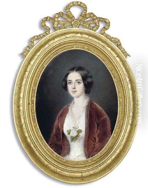 A Young Lady In Lace-bordered White Dress With White Rose And Foliage At Corsage, Russet-red Velvet Coat, Centre-parted Dark Hair - view 1