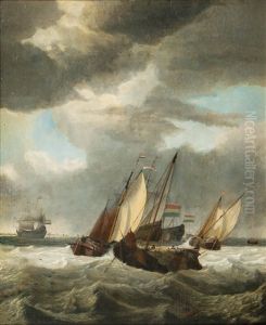 Dutch Man'o'wars And Fishing Boats In Choppy Sea by Gerrit Pompe