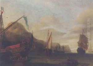 View Of A Coastline With A State Barge And Other Shipping Vessels In Calm Seas, A Rowing Boat Nearby by Gerrit Pompe