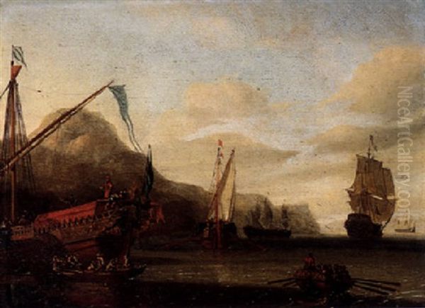 View Of A Coastline With A State Barge And Other Shipping Vessels In Calm Seas, A Rowing Boat Nearby - view 1