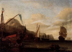 View Of A Coastline With A State Barge And Other Shipping  Vessels In Calm Seas, A Rowing Boat Nearby by Gerrit Pompe