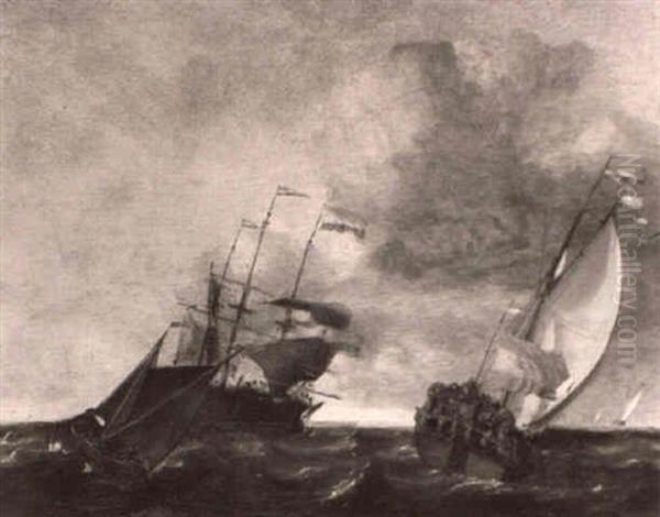 A Dutch Yacht With A Man O War And Shipping - view 1