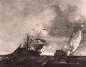 A Dutch Yacht With A Man O War And Shipping by Gerrit Pompe