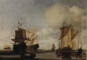 A Dutch Man O War And Other Shipping In A Calm Off          Enkhuizien With The Tall Tower Of The Zuiderkerk... by Gerrit Pompe