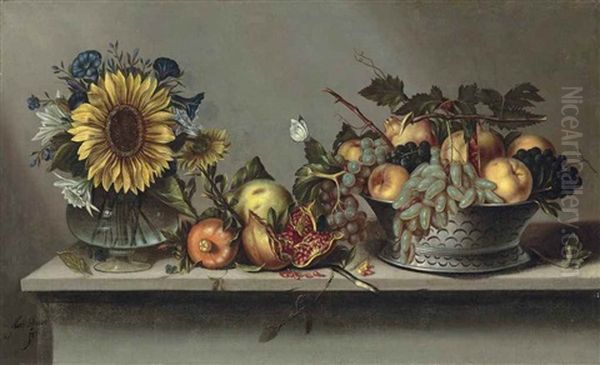 Flowers In A Vase And Fruit In A Bowl On A Ledge - view 1