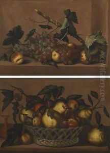 Still Life Of Peaches And Grapes On A Stone Ledge; Still Life Of Apples, Pears And Figs In A Wicker Basket On A Stone Ledge by Antonio Ponce