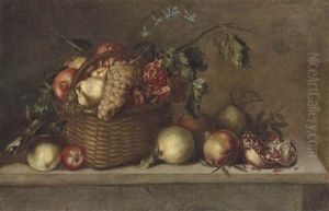Pears, Pomegranates And Grapes In A Basket And Other Fruit On A Stone Ledge by Antonio Ponce