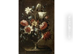 Tulips, Peonies, Carnations And Other Flowers In A Glass Vase On A Stone Ledge (+ Roses, Convolvulus, Lilies And Other Flowers In A Glass Vase On A Stone Ledge; Pair) by Antonio Ponce