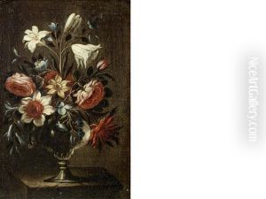 Tulips, Peonies, Carnations And Other Flowers In A Glass Vase On A Stone Ledge (+ Roses, Convolvulus, Lilies And Other Flowers In A Glass Vase On A Stone Ledge; Pair) by Antonio Ponce