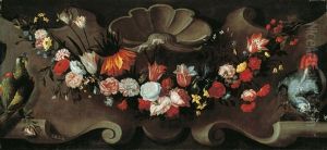 Guirnalda De Flores Con Dos Loros by Antonio Ponce