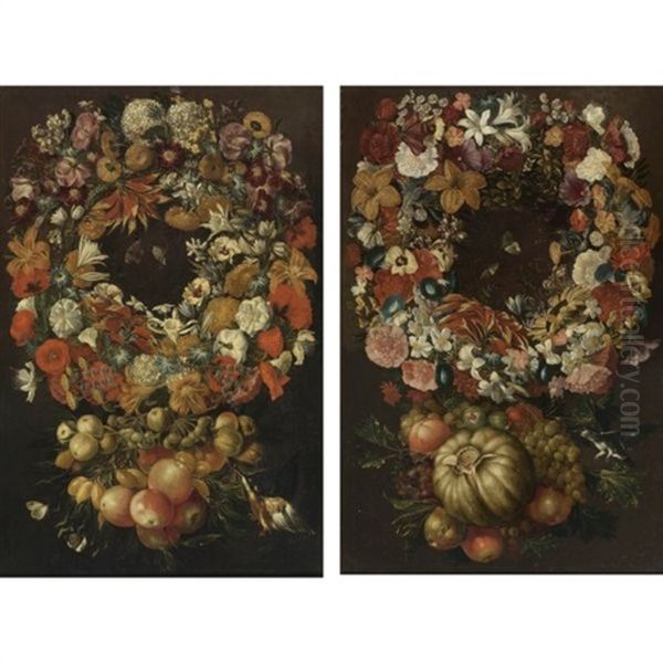 A Garland Of Flowers With A Melon, Grapes And Other Fruit (+ A Garland Of Flowers With Apples, Plums And Other Fruit; Pair) - view 1