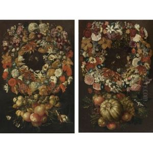 A Garland Of Flowers With A Melon, Grapes And Other Fruit (+ A Garland Of Flowers With Apples, Plums And Other Fruit; Pair) by Antonio Ponce
