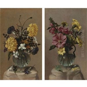 Vase Of Hollyhocks And African Marigolds (+ Vase Of French Marigolds, Morning Glory And Jasmine; Pair) Vase Of Hollyhocks And African Marigolds (+ Vase Of French Marigolds, Morning Glory And Jasmine; Pair)