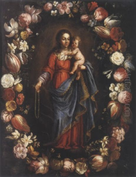 Vierge A L'enfant Dans Une Guirlande De Fleurs - view 1