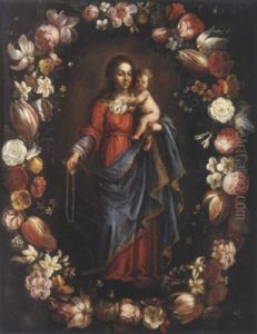 Vierge A L'enfant Dans Une Guirlande De Fleurs by Antonio Ponce
