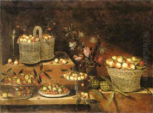 A Glass Bowl, A Pewter Plate, A Tazza And Wicker Baskets With Cherries, Apples, Pears, Figs And Other Fruits, With A Vase Of Flowers And Artichokes, On Stepped Ledges - view 1