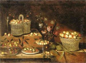 A Glass Bowl, A Pewter Plate, A Tazza And Wicker Baskets With Cherries, Apples, Pears, Figs And Other Fruits, With A Vase Of Flowers And Artichokes, On Stepped Ledges by Antonio Ponce