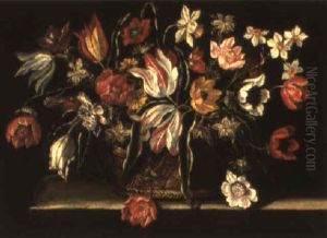 Still Life Of Tulips And Other Flowers In A Basket On A Stone Ledge by Antonio Ponce