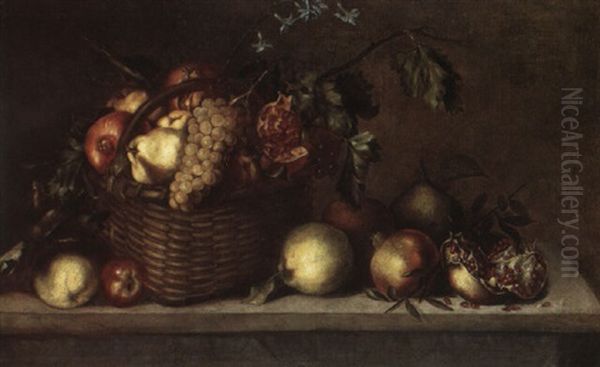 Still Life With A Basket Of Fruit On A Stone Plinth by Antonio Ponce