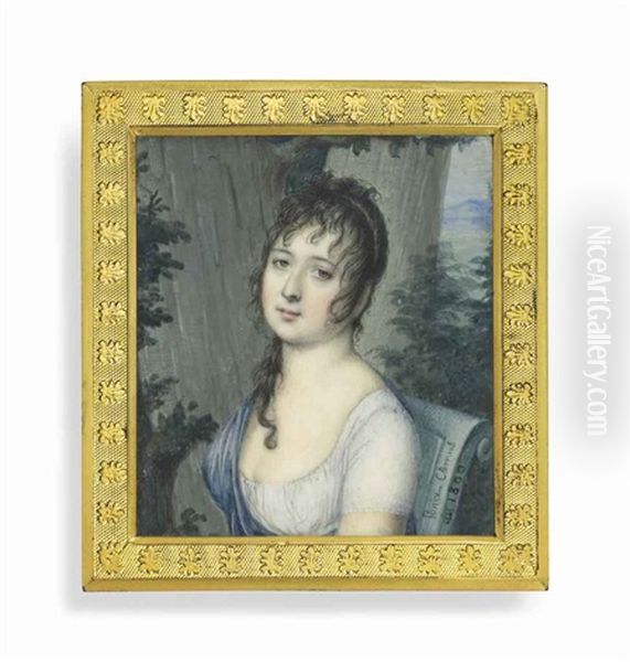A Young Lady, Seated On A Chair, In Decollete White Dress With Short Sleeves And Blue Shawl, Her Dark Hair Dressed A Coup De Vent ; Landscape Background - view 1
