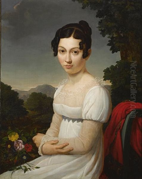 A Portrait Of A Young Lady In White, Seated In A Landscape, Holding A Posy Of Flowers - view 1