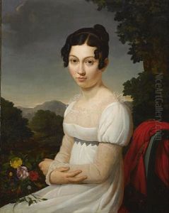 A Portrait Of A Young Lady In White, Seated In A Landscape, Holding A Posy Of Flowers by Marie-Nicole Ponce-Camus