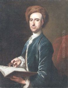 Portrait Of A Gentleman (sir Edward Hatton?) In A Blue Velvet Jacket And Fur Hat, Holding A Book And An Eyeglass