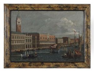 Venetian Canal Scene With A View Of St. Mark's Cathedral by Giuseppe Ponga