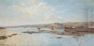 Weite Donaulandschaft Mit Dampfschiff Und Dorf by Karoly (Karl) Pongracz von Szentmiklos
