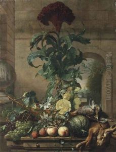 A Red Velvet Flower, Passion Flowers, Red And White Grapes, Plums, Peaches, White Berries, A Cantaloupe, A Hare, A Partridge And Other Game... by Joris Ponse