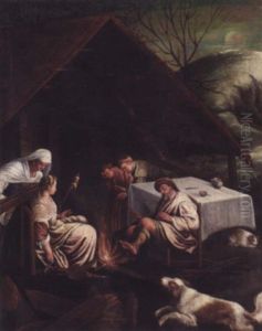 Figures Seated Beside A Fire Outside A Cottage by Francesco da Ponte Bassano