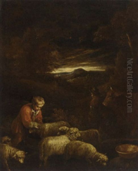A Wooded Landscape With A Shepherd And His Flock - view 1