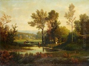 Troupeaux Et Baigneurs En Bord De Riviere