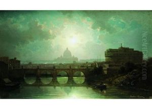 Clair De Lune Sur Le Tibre Avec Le Chateau Saint Ange Et Saint Pierre De Rome by Antoine Claude Ponthus-Cinier