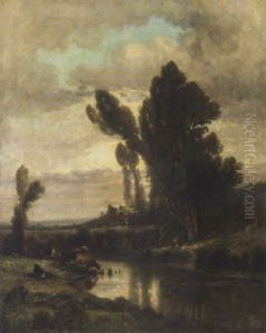 Berger Et Troupeau A L'abreuvoir by Antoine Claude Ponthus-Cinier