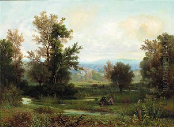 A Couple Seated On A Riverbank With The Alps Beyond - view 1