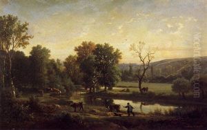 Bergers Et Leur Troupeau Pres De La Riviere Dans Un Paysage Vallonne