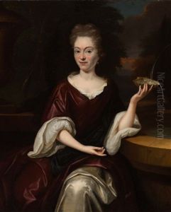 Portrait Of An Elegant Lady Seated By A Fountain Holding An Oyster