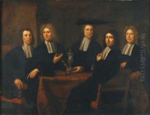 A Group Portrait Of Headmen Of The Amsterdam Gold And Silversmith's Guild: Derick Schelte, Deken; Johannes De Vicq; Matheus Weyland; Hendrick De Hondt And Gerrit Lange by Juriaen Pool the Younger