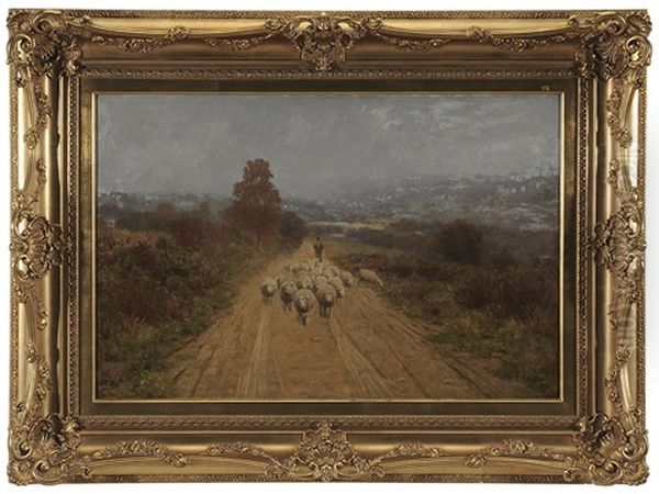 Shepherd Herding Sheep On A Road - view 1
