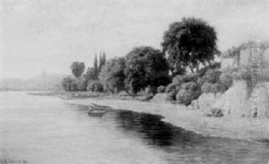 Fishing Along The Riverbank, Dome Beyond by Eugene Alonzo Poole