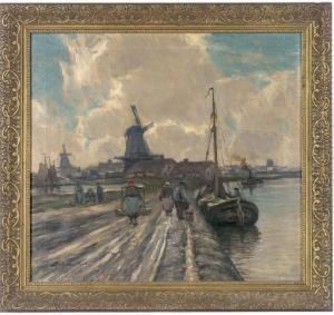 Unloading The Boat, Before A Windmill by Ferdinand Bohmer-Fest